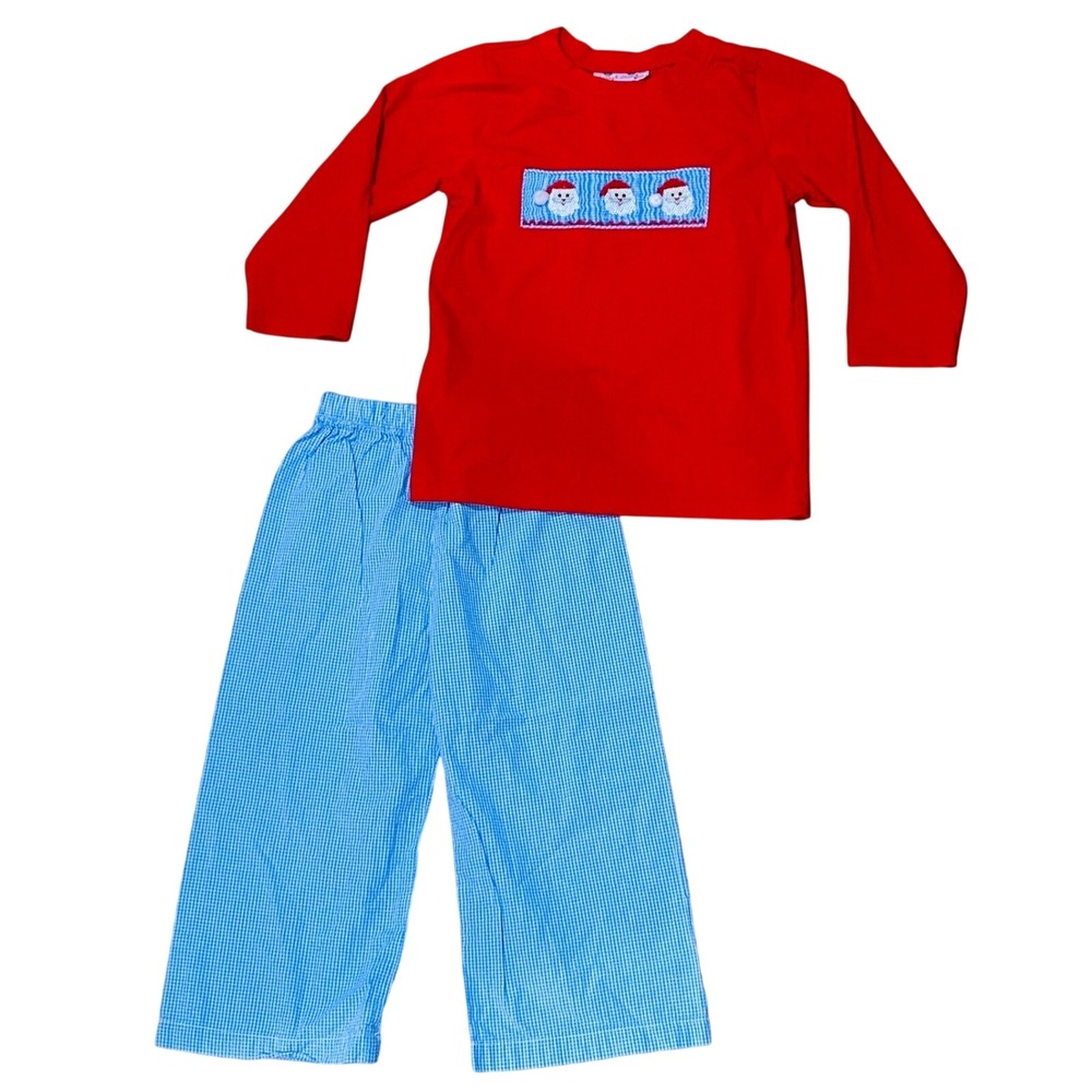 Smock Monkey Festive Preppy Red Top Smocked Santa Pants Blue Gingham Set Size 4
